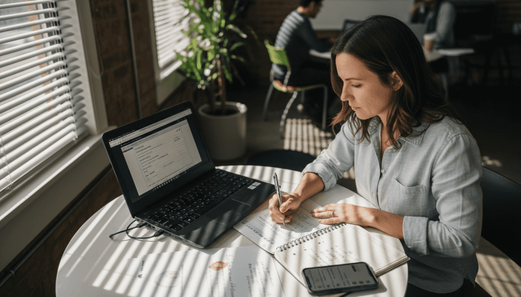 Affiliate manager organizing listing paperwork at desk