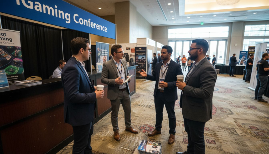 Affiliate marketers networking at iGaming conference