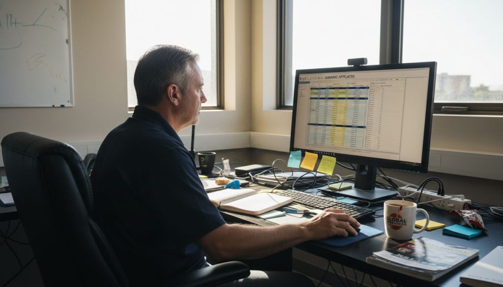 Manager reviewing affiliate stats in office