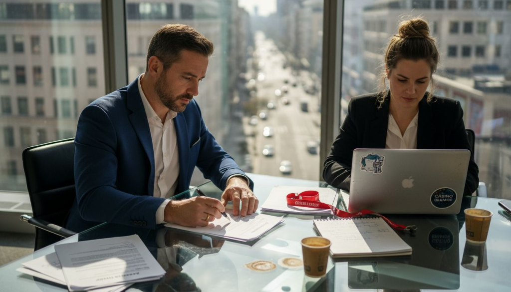 Two professionals discuss casino affiliate partnership