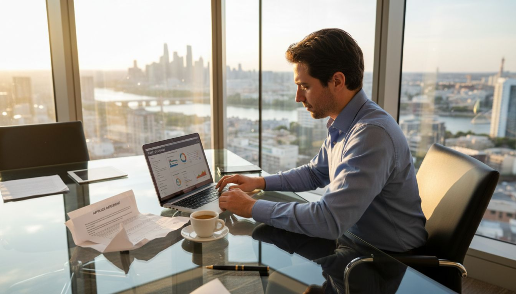 Affiliate manager at conference table overlooking city