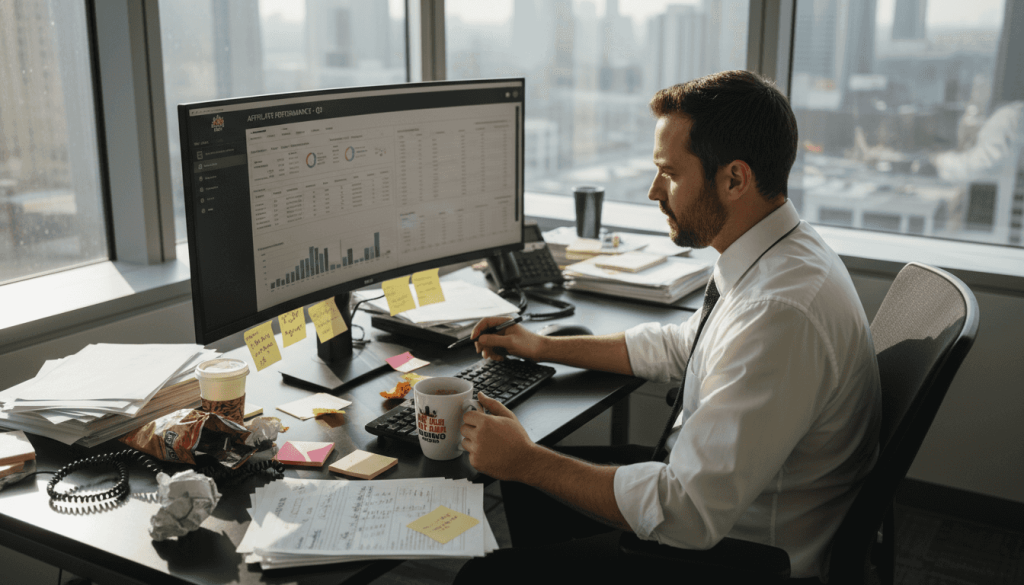 Affiliate manager reviews reports at busy desk
