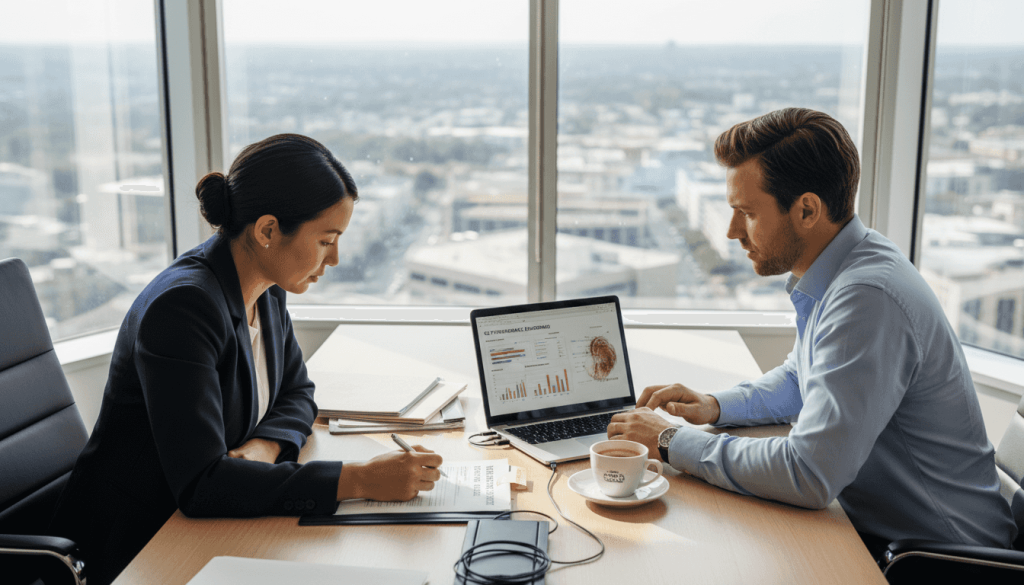 Colleagues review iGaming affiliate paperwork in office