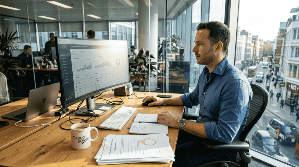 Manager reviewing affiliate program data in office