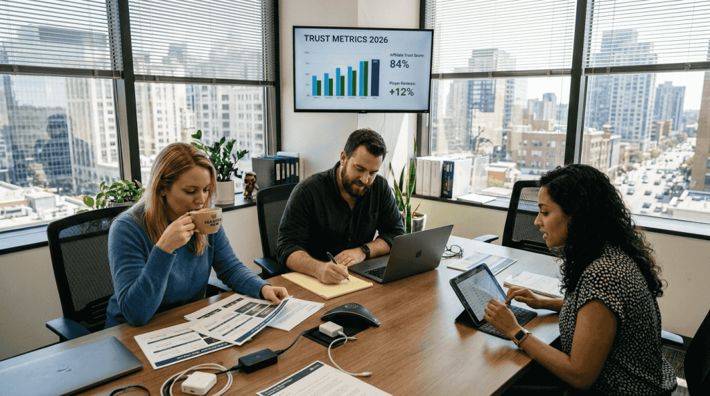 iGaming team discussing affiliate review charts