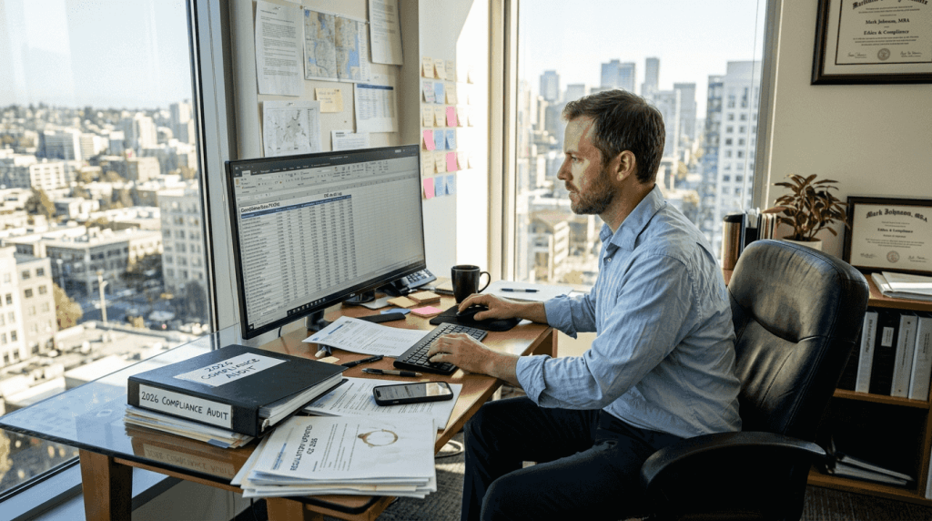 Compliance manager working in bright office