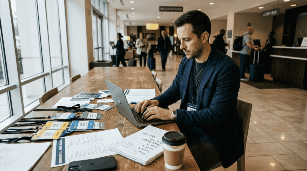 Man prepping badges at event table