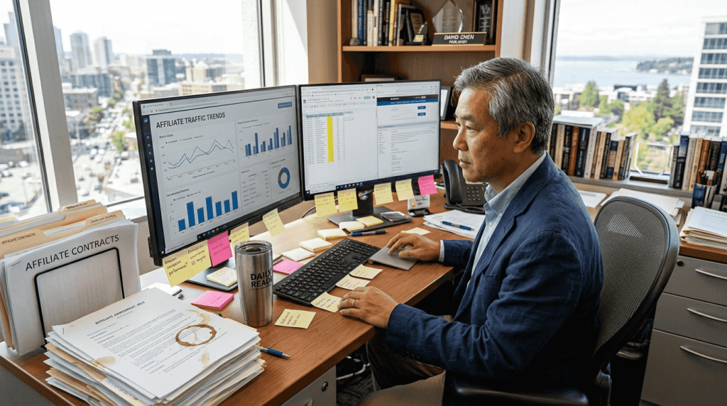 Publisher reviewing traffic analytics in bright office