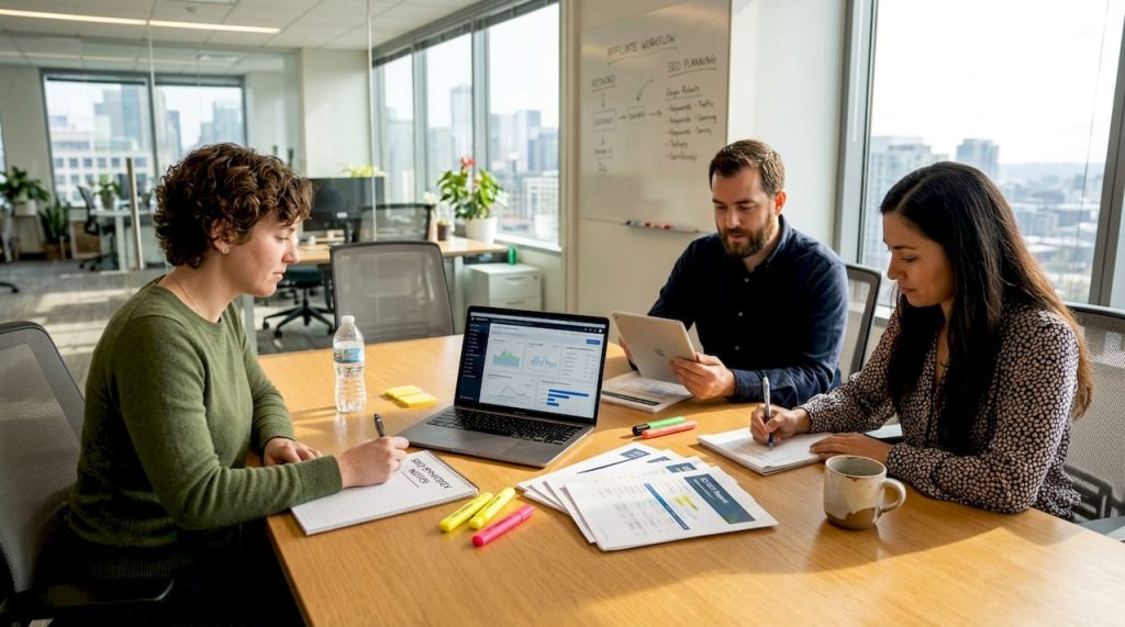 iGaming SEO team meeting with analytics reports