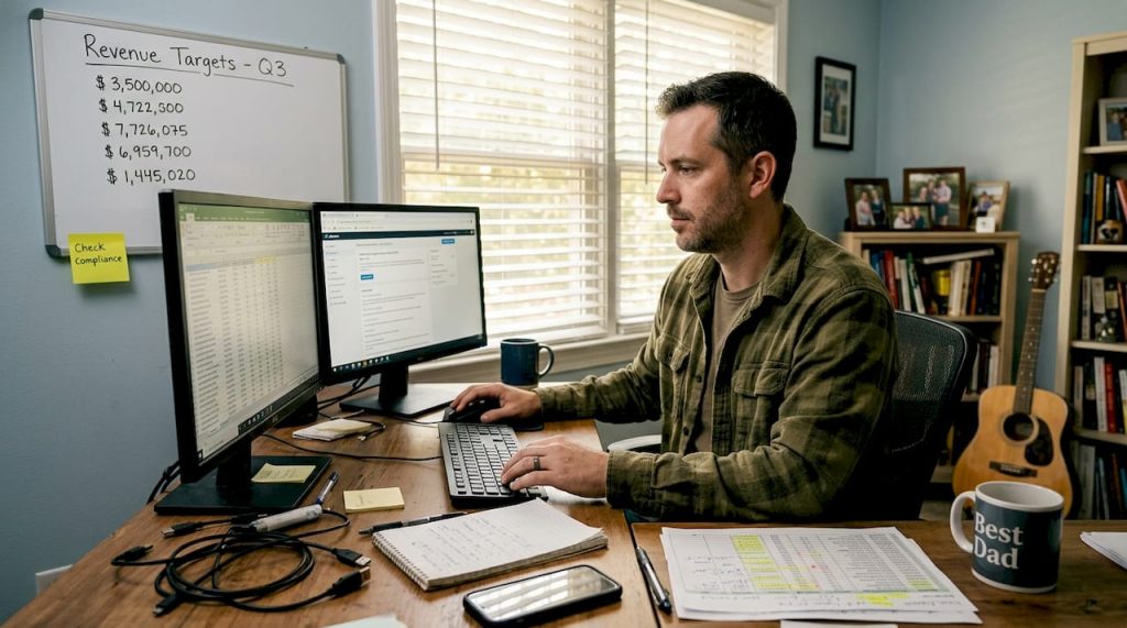 Affiliate marketer comparing programs at home desk