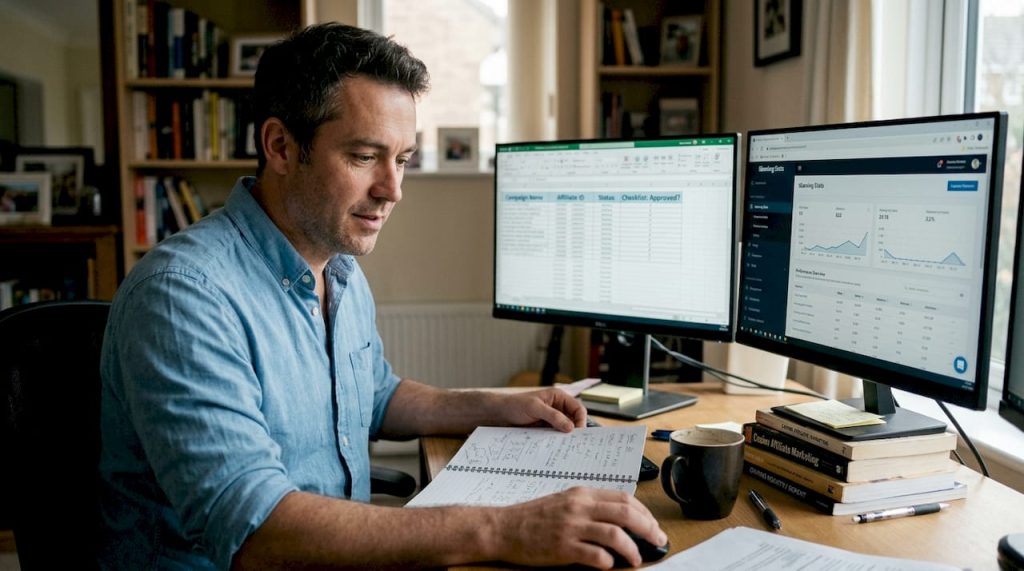 Affiliate manager reviewing iGaming checklist