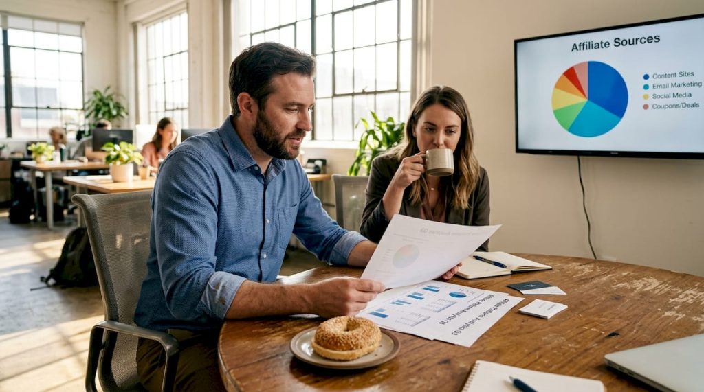 Affiliate team reviewing platform analytics in office